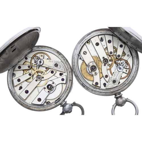 492 - Silver cylinder hunter pocket watch, 52mm; together with a silver cylinder engine turned pocket watc... 