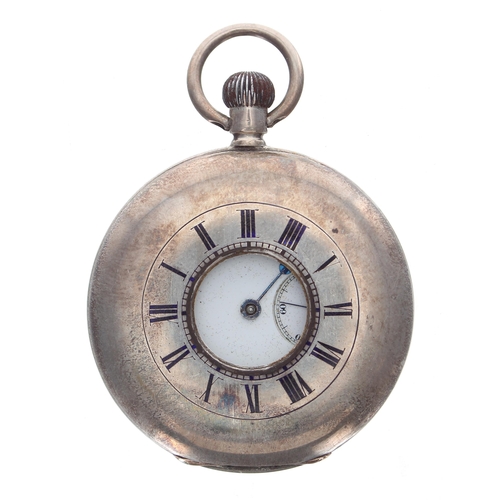 503 - Silver (0.935) lever half hunter pocket watch, unsigned movement, the dial with Roman numerals, minu... 