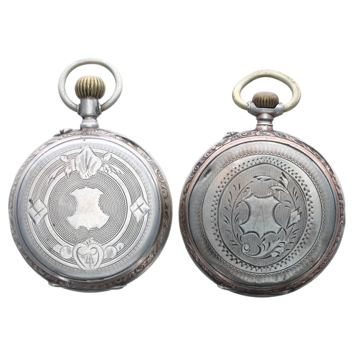 525 - Two silver (0.800) cylinder engraved pocket watches for repair, 46mm