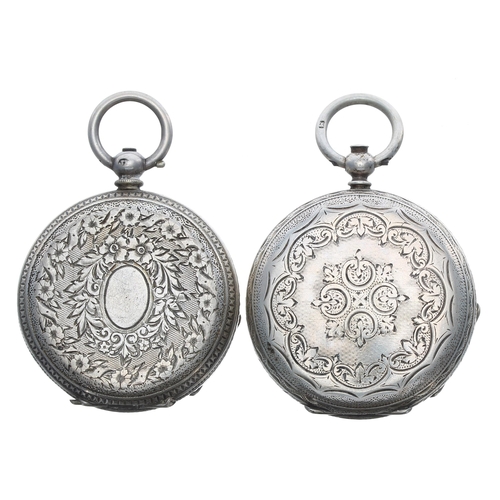 546 - Two silver cylinder engraved fob watches, 39mm and 40mm (one in need of attention)