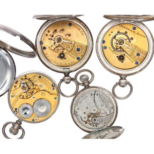 571 - Two silver American Waltham pocket watches for repair; together with a silver American Waltham 'Trav... 