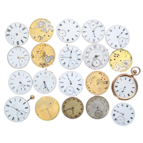 591 - Nine American pocket watch movements; together with eleven lever pocket watch movements to include J... 