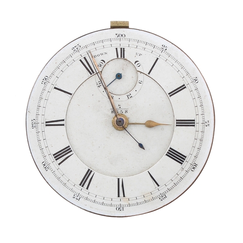 614 - Fusee lever centre seconds chronograph pocket watch movement, with 'Up/Down' dial, signed H. Ashton,... 