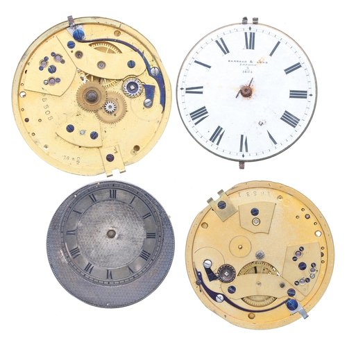 615 - Four pocket watch movements for repair to include Baraud & Lunds fusee lever, E.J. Dent fusee le... 