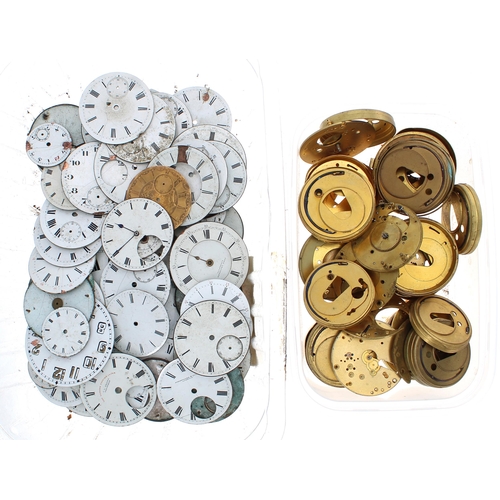 625 - Quantity of pocket and fob watch dials; together with a quantity of pocket watch movement plates and... 