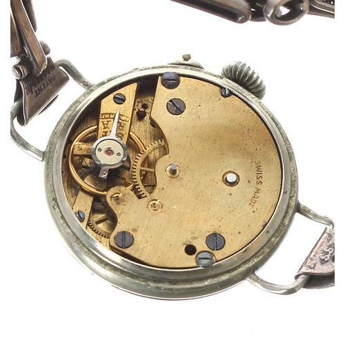 109 - Swiss nickel cased wire-lug wristwatch, enamel dial with Roman numerals, red twelve and minute track... 