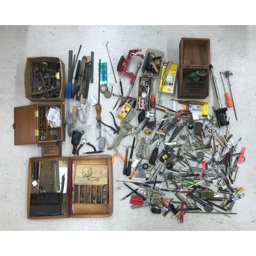 626 - Large quantity of various tools to include incomplete staking set, wristwatch case opening tools, pl... 