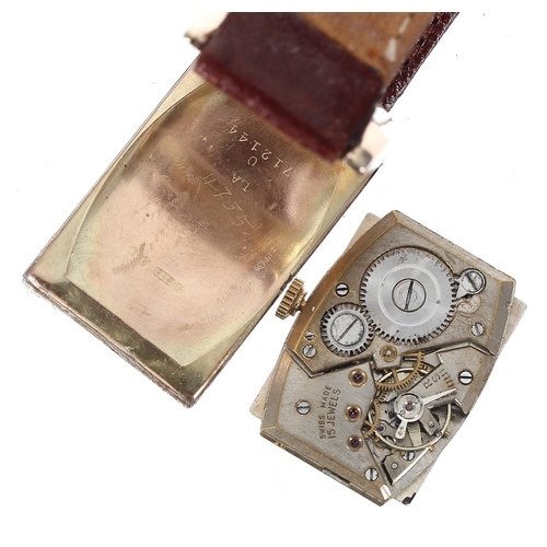 107 - J.W. Benson 9ct rectangular gentleman's wristwatch, London 1936, rectangular silvered dial with Arab... 