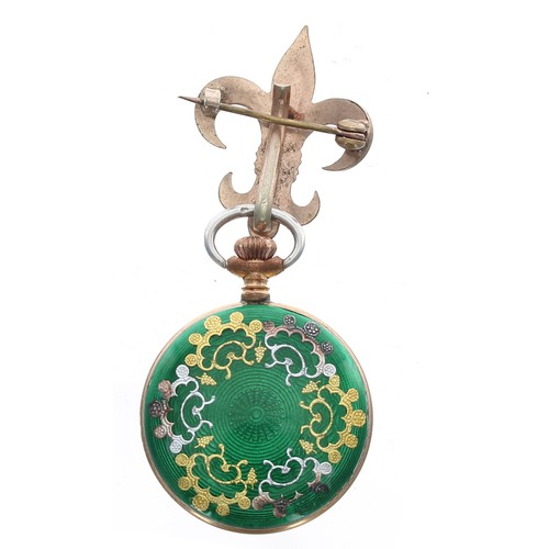 269 - Swiss gilt metal and green enamel cylinder fob watch, the three quarter plate movement signed B. Sch... 