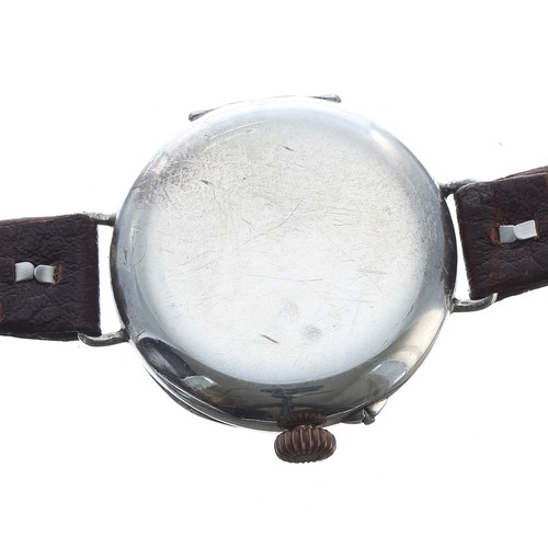 133 - Silver WWI period wire-lug trench watch, import hallmarks London 1914, enamel dial with Roman numera... 