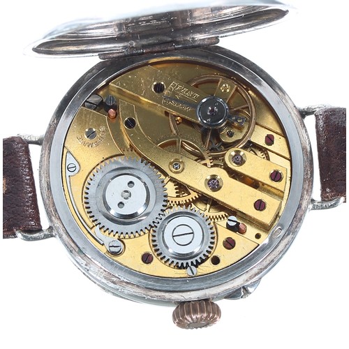 133 - Silver WWI period wire-lug trench watch, import hallmarks London 1914, enamel dial with Roman numera... 