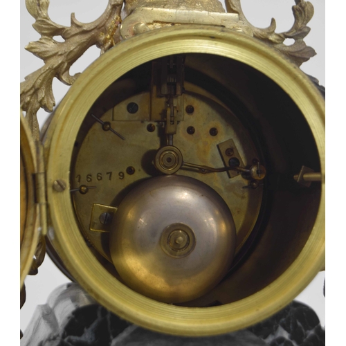 1540 - French ormolu and green veined marble drumhead two train mantel clock, the 3.75