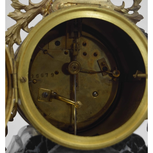 1540 - French ormolu and green veined marble drumhead two train mantel clock, the 3.75