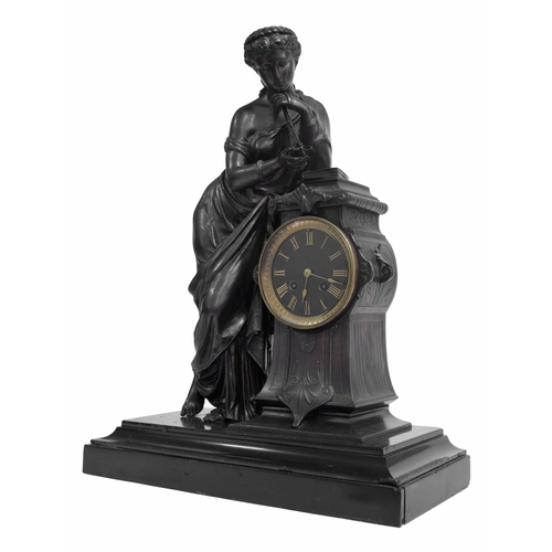 1541 - French bronzed and black marble two train figural mantel clock, the Japy Freres movement striking on... 