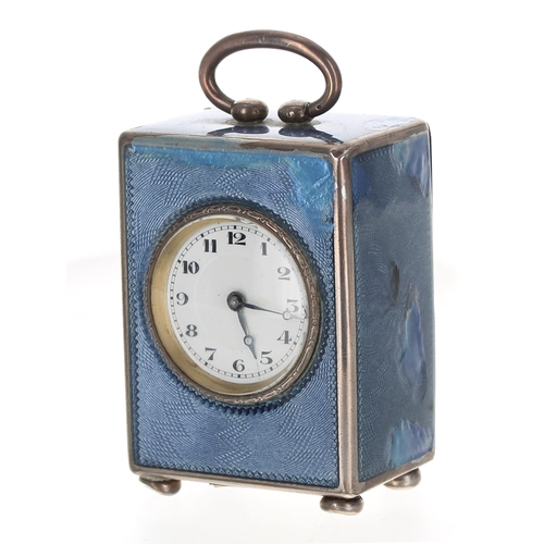 1301 - French silver and blue enamel miniature carriage clock timepiece, the base stamped with the maker's ... 