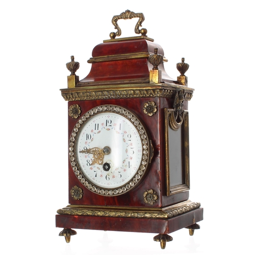 2514 - Small French tortoiseshell and brass mounted mantle clock timepiece, the movement back plate inscrib... 