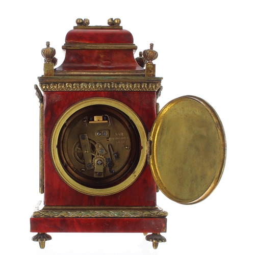 2514 - Small French tortoiseshell and brass mounted mantle clock timepiece, the movement back plate inscrib... 