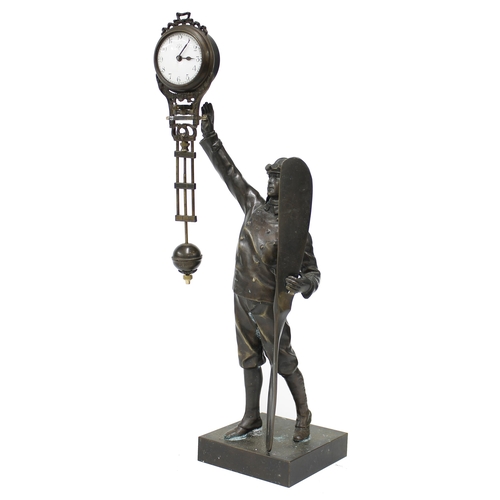 2519 - Junhans German novelty bronzed mystery clock timepiece, in the form of a standing aviator holding a ... 