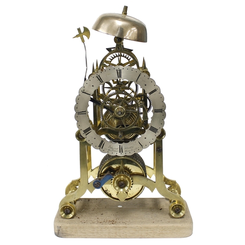 2521 - Brass single fusee skeleton clock with passing strike on a bell, the 4.5