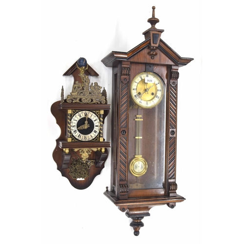 2628 - Small walnut and ebonised two train Vienna regulator wall clock, the 5