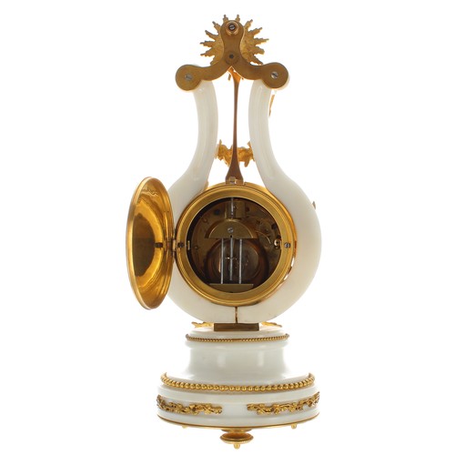 1536 - Good French ormolu and white marble two train lyre clock, the 3.5