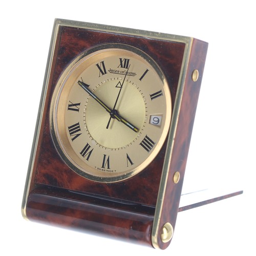 2518 - Good Jaeger-Le-Coultre folding miniature travelling alarm clock, within a brass and faux wooden case... 