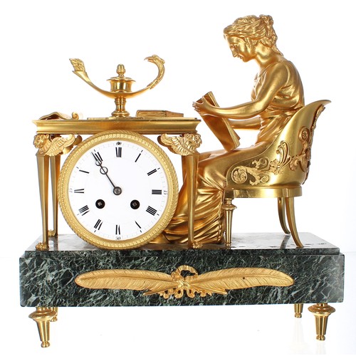 1324 - Good French Empire ormolu and green vein marble two train mantel clock, the Japy & Co movement s... 