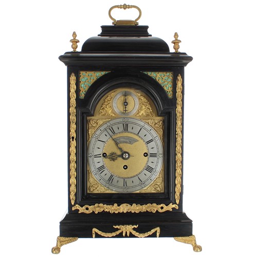 1358 - English ebonised triple fusee bracket clock of small size, the 5.5