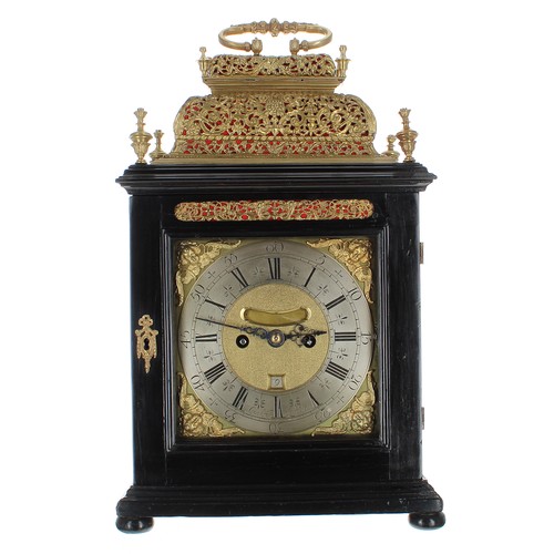 1365 - English ebonised and ormolu mounted double fusee verge basket top bracket clock, the 7