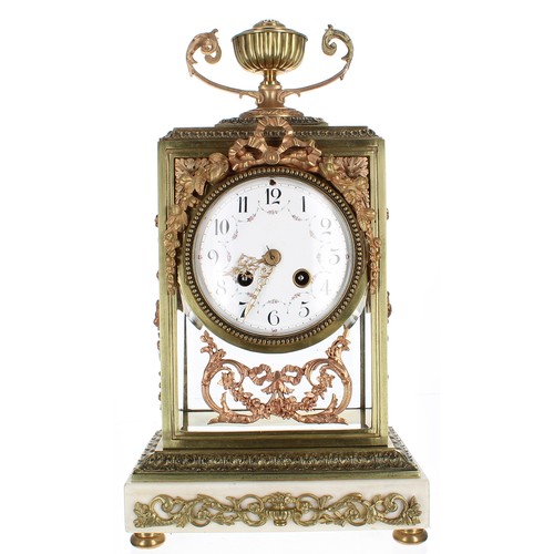 1504 - Good French brass and marble four glass two train mantel clock, the Japy Freres movement with outsid... 