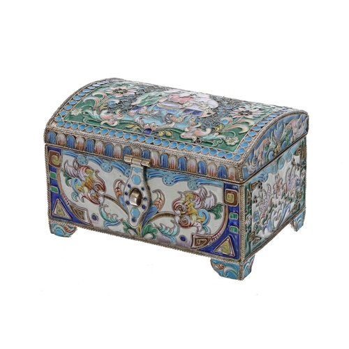 776 - Russian silver and cloisonné enamelled box by Vasily Peretrutov, modelled as a dome top chest, the h... 