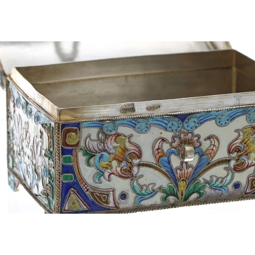 776 - Russian silver and cloisonné enamelled box by Vasily Peretrutov, modelled as a dome top chest, the h... 