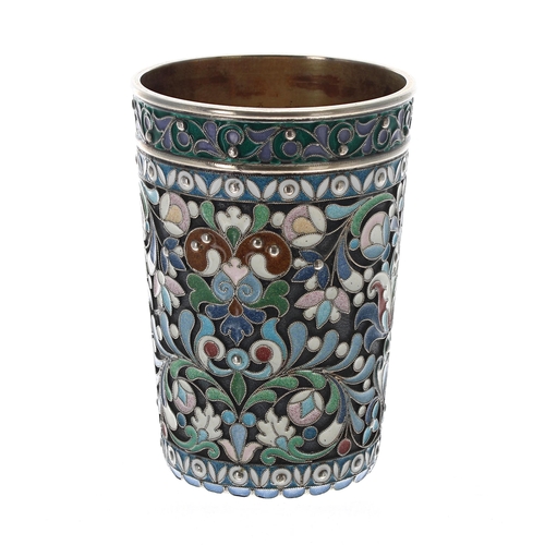 773 - Russian silver gilt and cloisonné beaker by KHLEBNIKOV, decorated with flowers and foliate borders, ... 