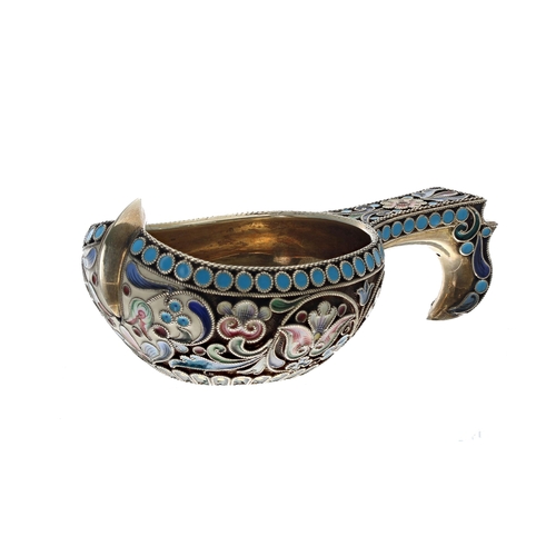 777 - Russian silver-gilt and cloisonné Kovsh by KHLEBNIKOV, decorated with scrolling flowers and scrollin... 