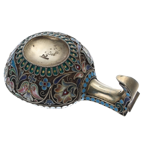 777 - Russian silver-gilt and cloisonné Kovsh by KHLEBNIKOV, decorated with scrolling flowers and scrollin... 