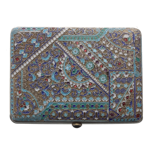 766 - Russian silver and cloisonné cigarette case, decorated with dense foliate scrolling panels and multi... 