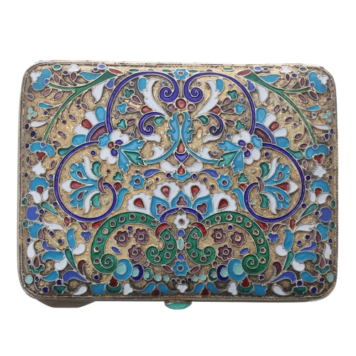 767 - Russian silver-gilt and cloisonné cigarette case, with dense floral and foliate scrolling decoration... 