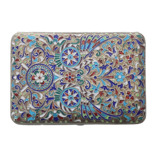 768 - Russian silver and cloisonné cigarette case, with dense scrolling foliate and stylised floral decora... 