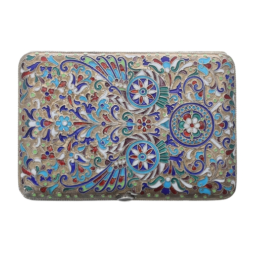 768 - Russian silver and cloisonné cigarette case, with dense scrolling foliate and stylised floral decora... 