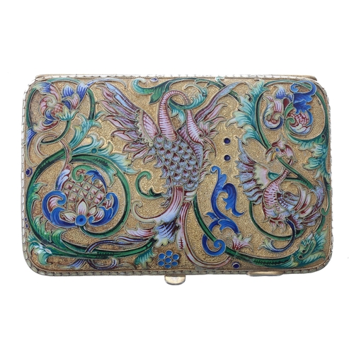 770 - Attractive Russian silver-gilt and cloisonné cigarette case, the covers with birds of paradise among... 