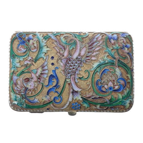 770 - Attractive Russian silver-gilt and cloisonné cigarette case, the covers with birds of paradise among... 