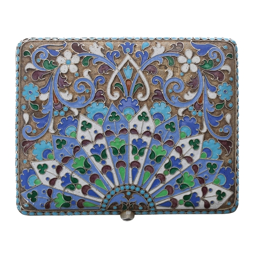 771 - Russian silver and cloisonné cigarette case, the cover densely decorated with flowers and scrolling ... 