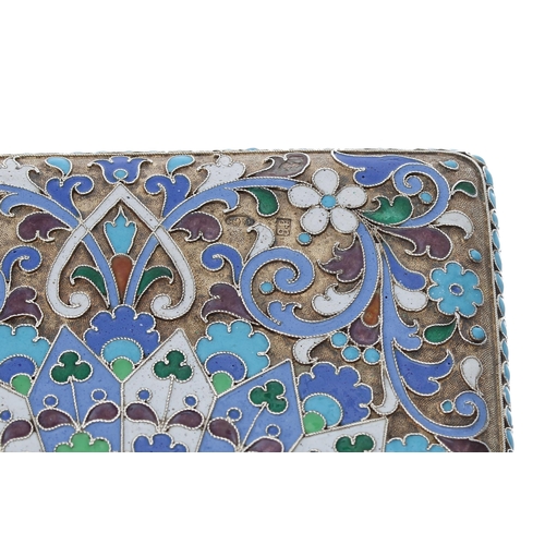 771 - Russian silver and cloisonné cigarette case, the cover densely decorated with flowers and scrolling ... 