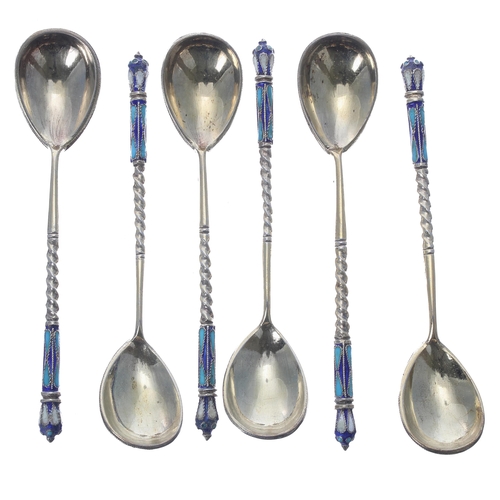 775 - Set of six Russian silver-gilt and cloisonné coffee spoons, the bowls with floral decoration on a ma... 