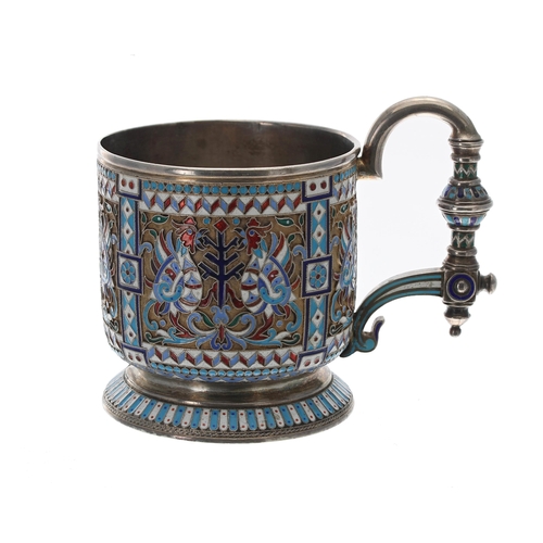 774 - Russian silver and cloisonné cup, decorated with repeated panels with birds, raised on a flared foot... 