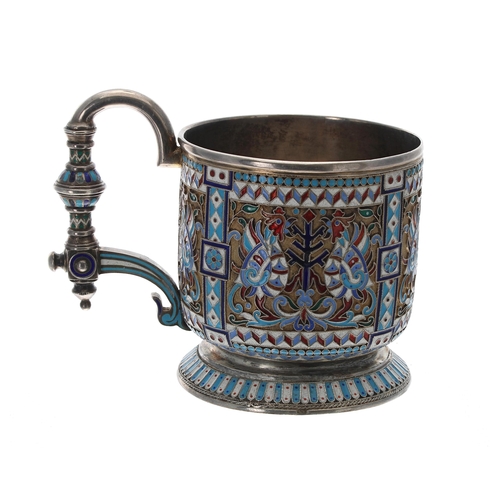 774 - Russian silver and cloisonné cup, decorated with repeated panels with birds, raised on a flared foot... 