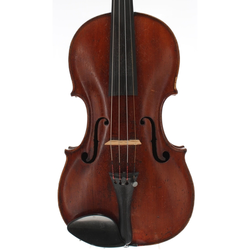 2436 - Interesting 18th century violin labelled Cahusac Mufickl..., Maker, Opposite St. Clements Church, in... 