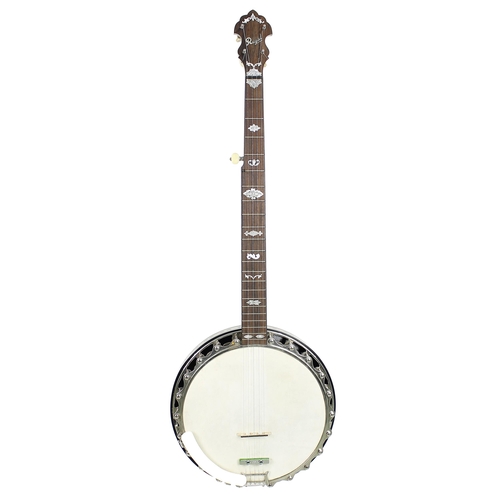 1562 - Good Clifford Essex Regal five string banjo, with decorative inlaid resonator, fine mother of pearl ... 