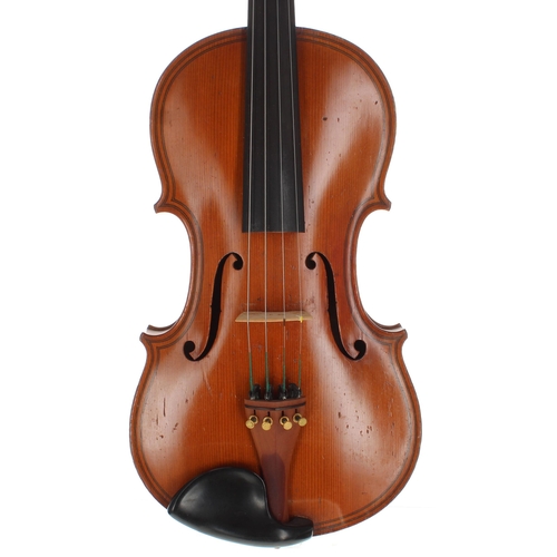 2420 - Early 20th century Maggini copy violin with double purfling and extra turn in the scroll, 14 3/16