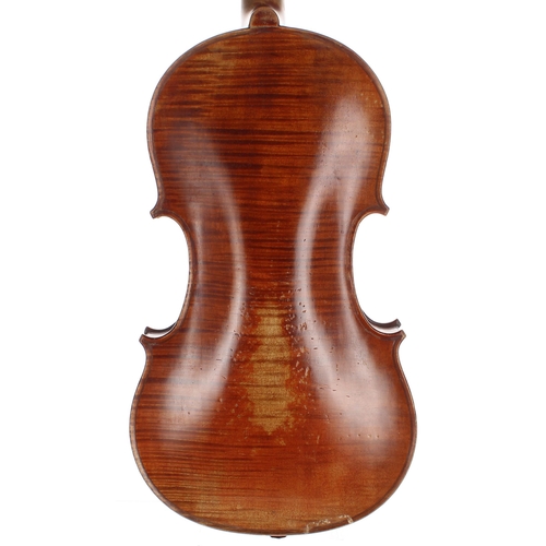 2429 - Violin labelled Just. Derazey, Luthier á Mirecourt, Vosges, 1878, the one piece back of faint fine c... 